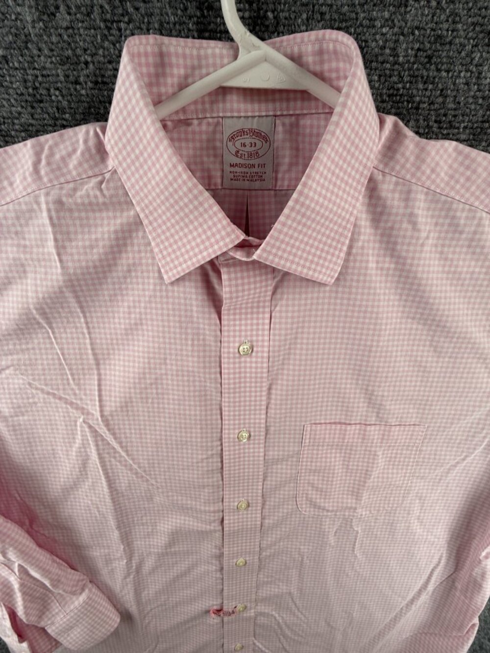 Brooks Brothers Madison Non-Iron Cotton Spandex 16 33 Check Pink Shirt Button Up